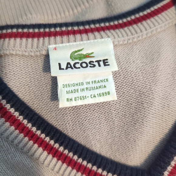 Lacoste Men's Cream V-Neck Sweater with Contrast Stripe Trim - Picture 5 of 7